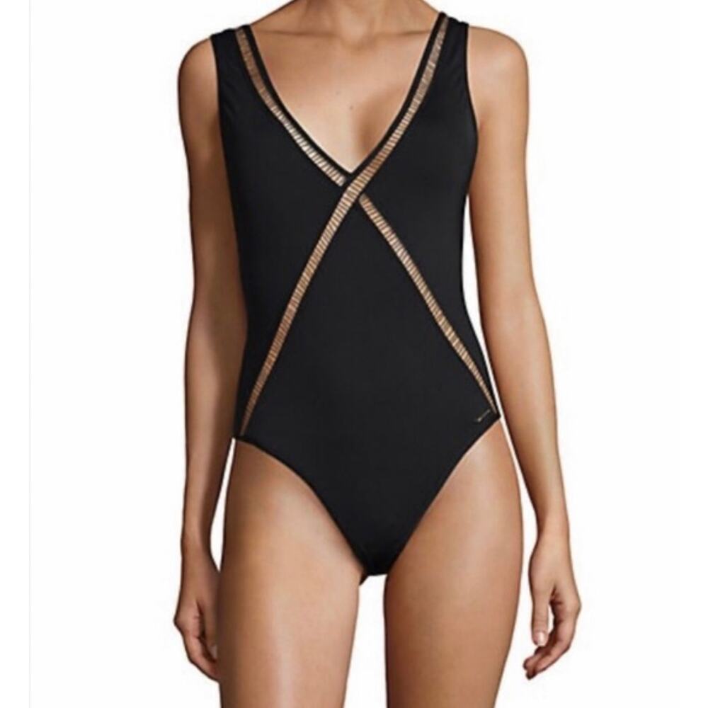Michael Kors Women's Navy Plunging One-Piece Swimsuit Size 14 NWT